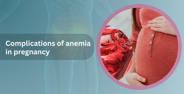 Informational banner about complications of anemia in pregnancy, showing a pregnant belly and a circular inset of red blood cells.